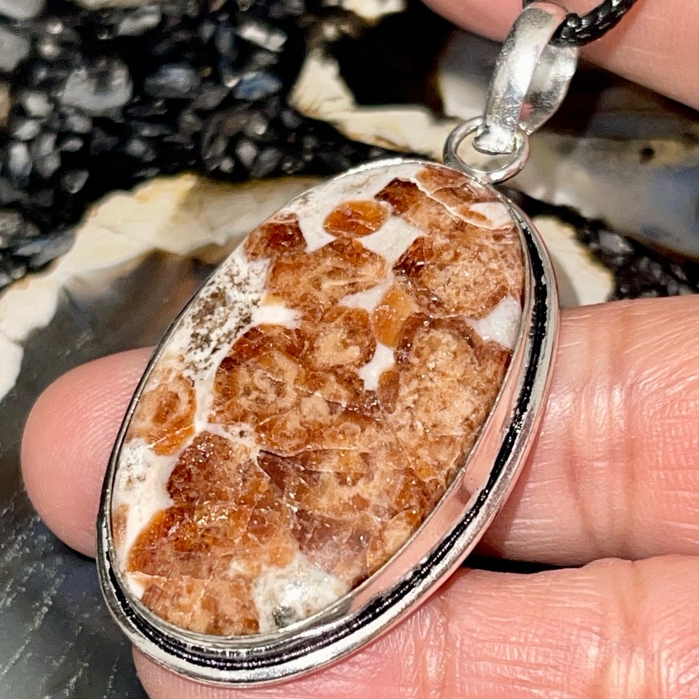 Brown Dotted Garnet in Limestone Pendant 2 1/4”